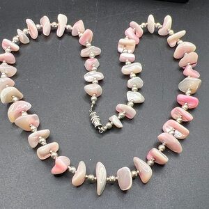 Pink Mother-of-Pearl Chip Necklace with Silver Accents